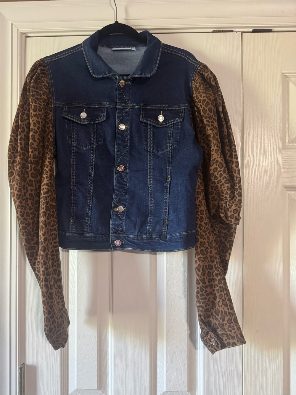 Denim Jacket with Leopard Print Puff Sleeves - Blue and Brown